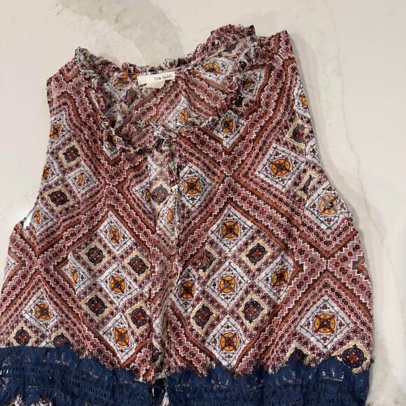 Tru Self Boho Print Lace Navy Open Tie Front Tunic Vest Women's Small Indie Boho - Picture 3 of 7
